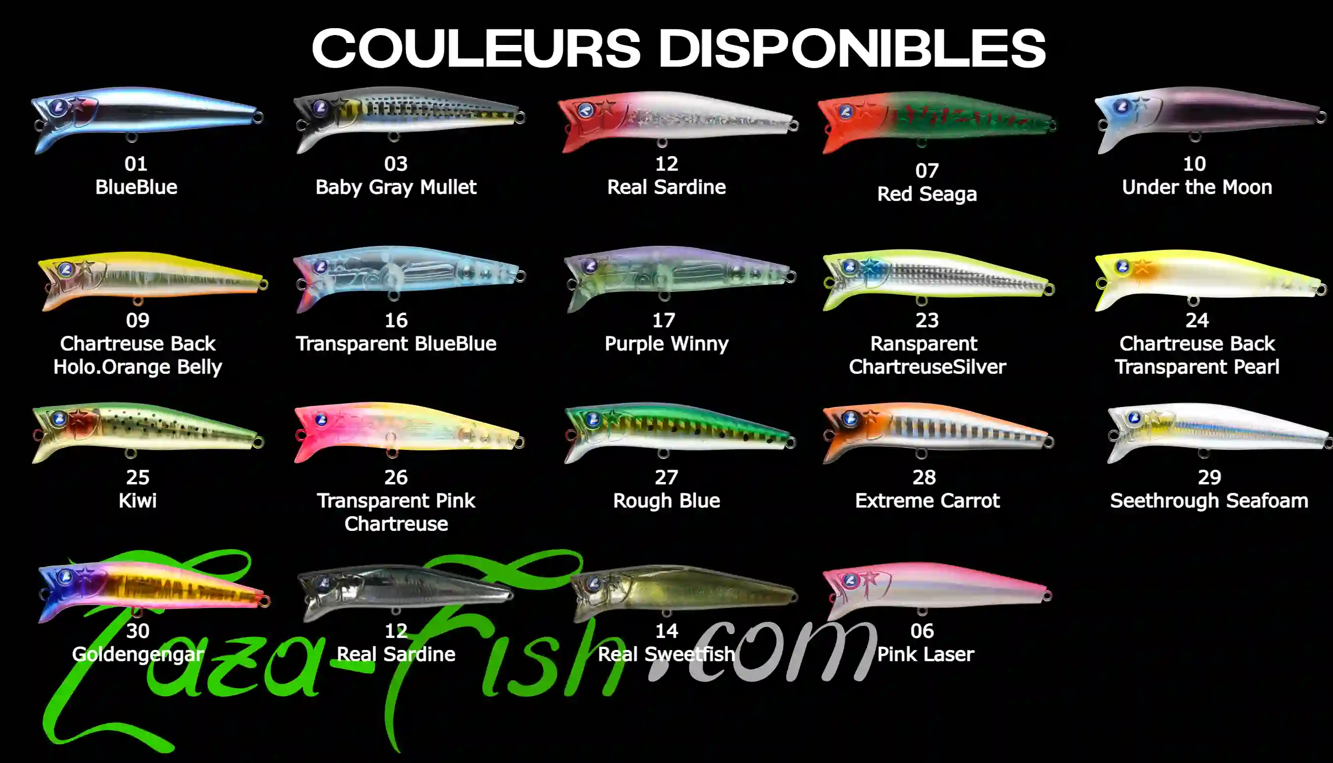 Collection complète des 19 coloris exclusifs disponibles pour le leurre GABOZ 90mm de BlueBlue