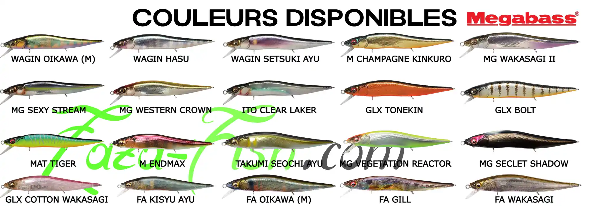 Palette complète des 24 coloris du leurre Megabass Vision Oneten JR, avec les nouveautés 2024
