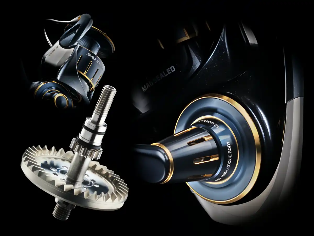Vue du DAIWA Saltiga 6000-P JDM montrant le corps Monocoque en aluminium système Tough Digigear
