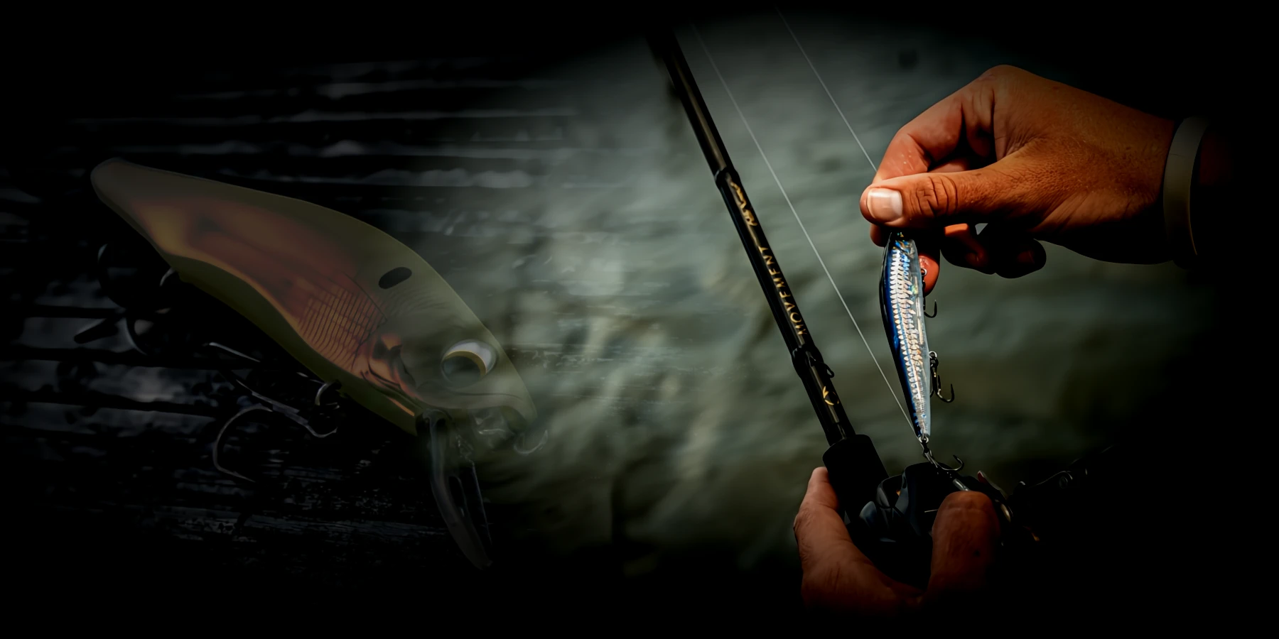 Underwater fishing scene background with lures and bass for jerkbait fishing techniques page