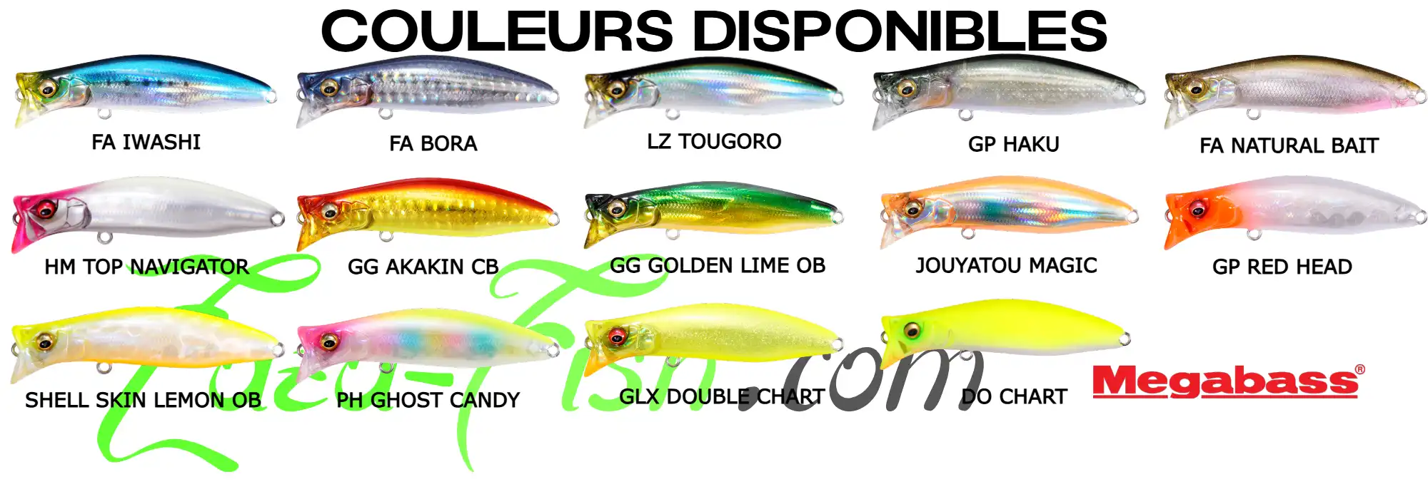 Palette des 14 coloris disponibles pour le Megabass KIRINJI 70, idéale pour différentes conditions