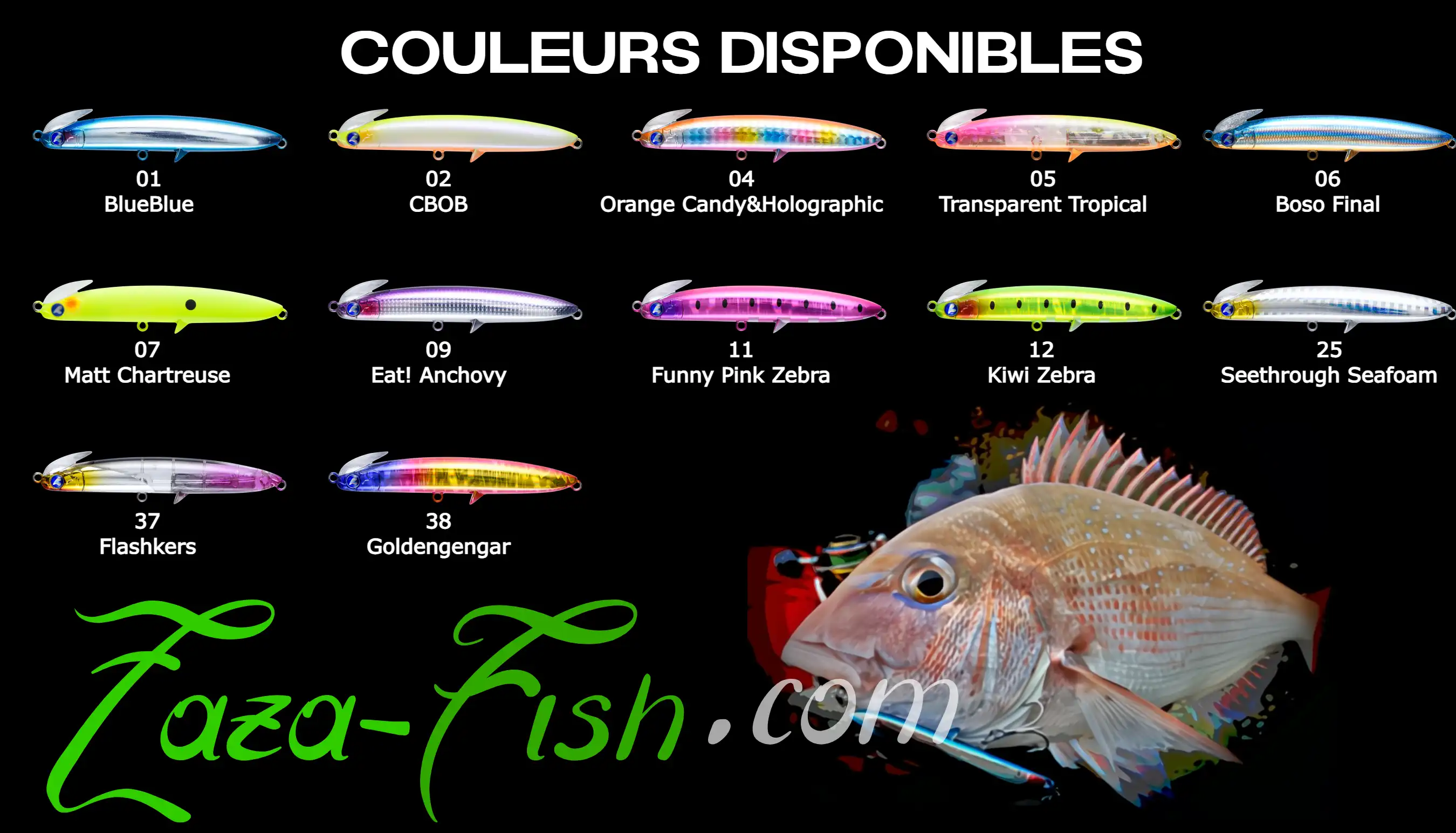 Présentation des 12 coloris disponibles pour le FRID 90S, organisés par type