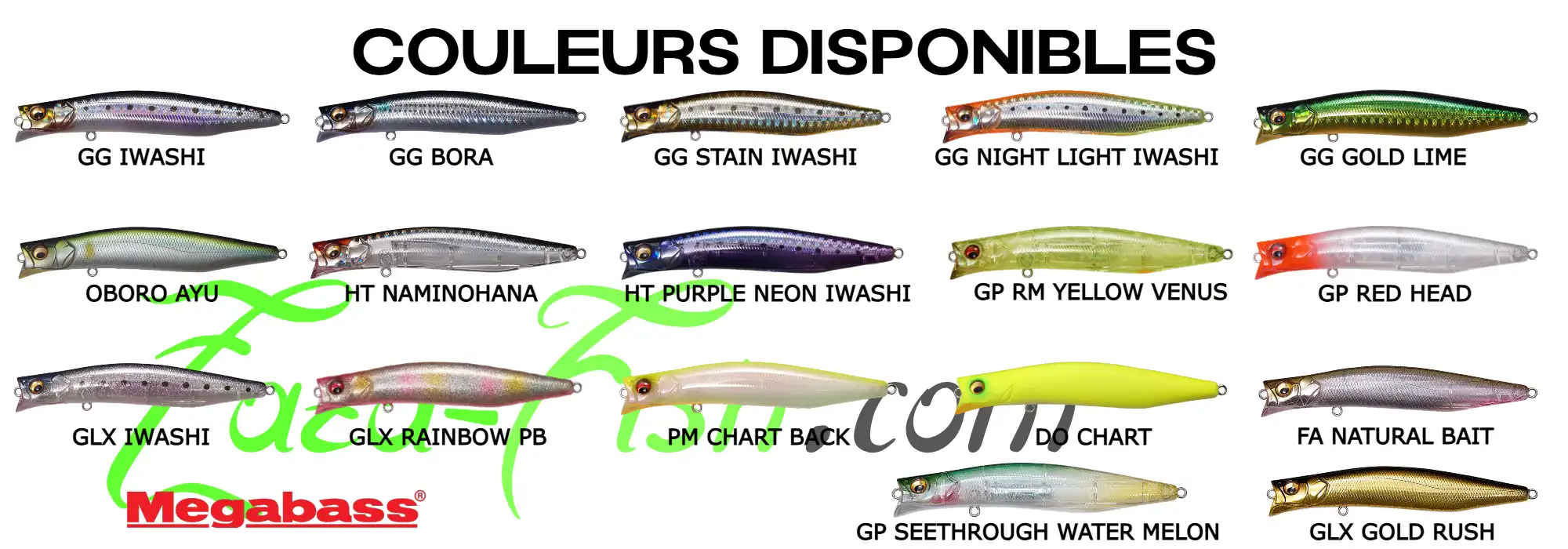 Coloris disponibles pour le Megabass KAGELOU 100F, parfaits pour la pêche en mer