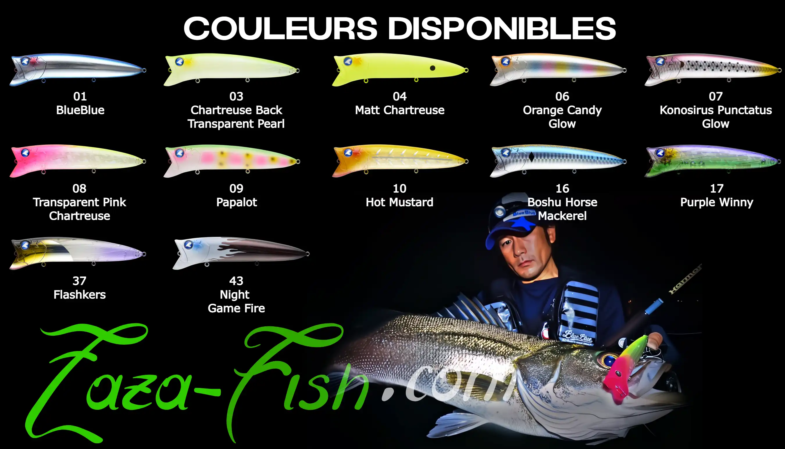 Présentation des 12 coloris disponibles pour le leurre GABOZ 120 de BlueBlue Fishing