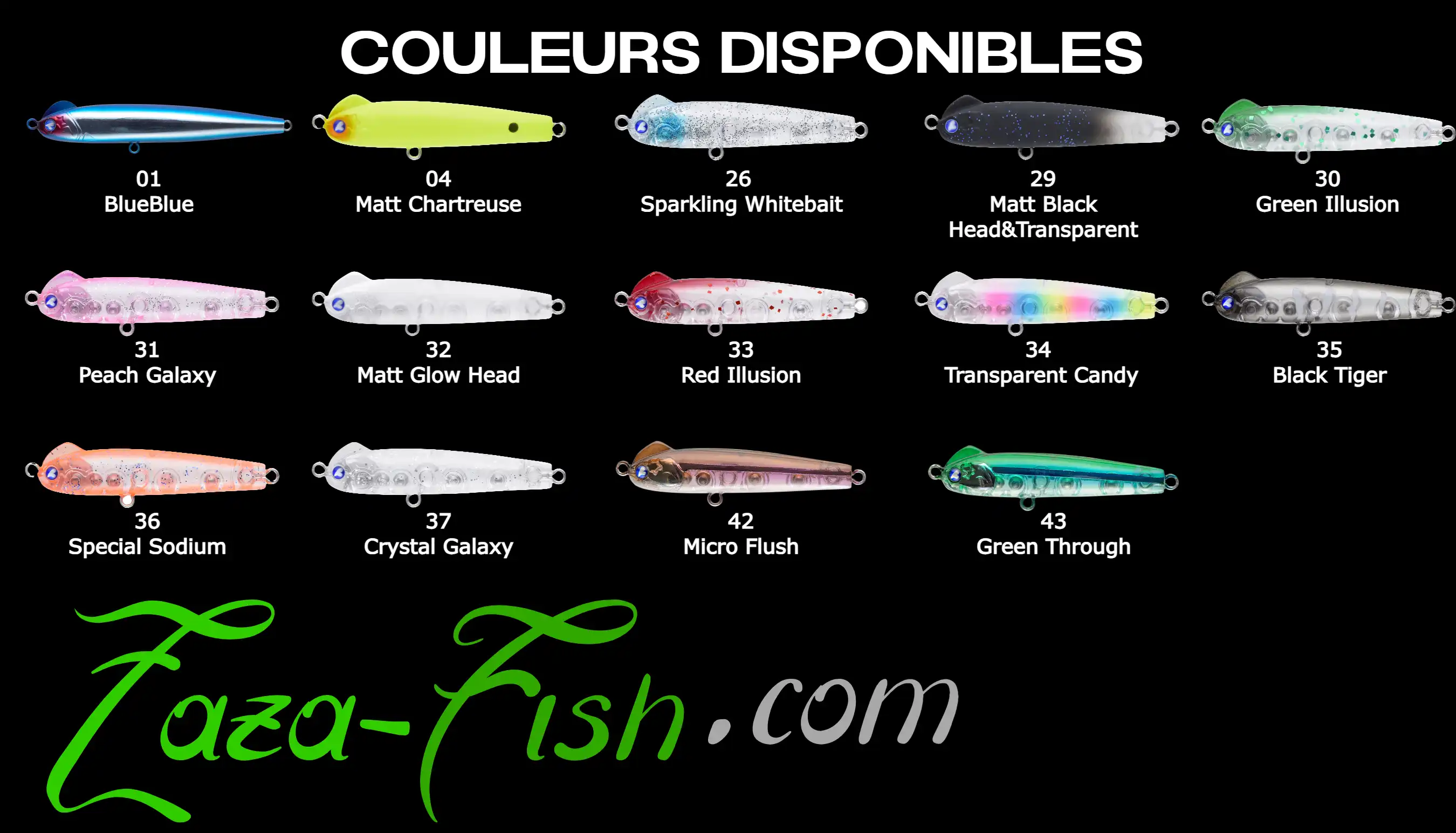 Gamme complète des 14 coloris du SNECON 50S de BLUEBLUE FISHING