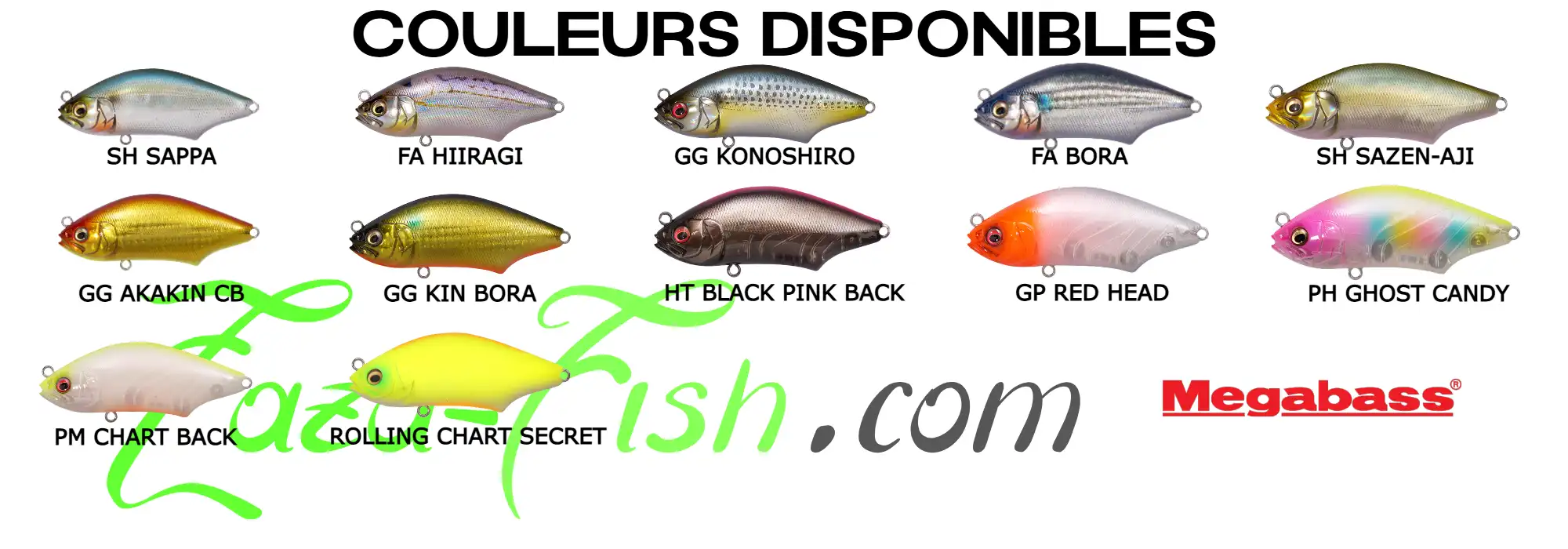 Palette des 12 coloris du Megabass HADARA TRAP, incluant couleurs recommandées pour pêche nocturne