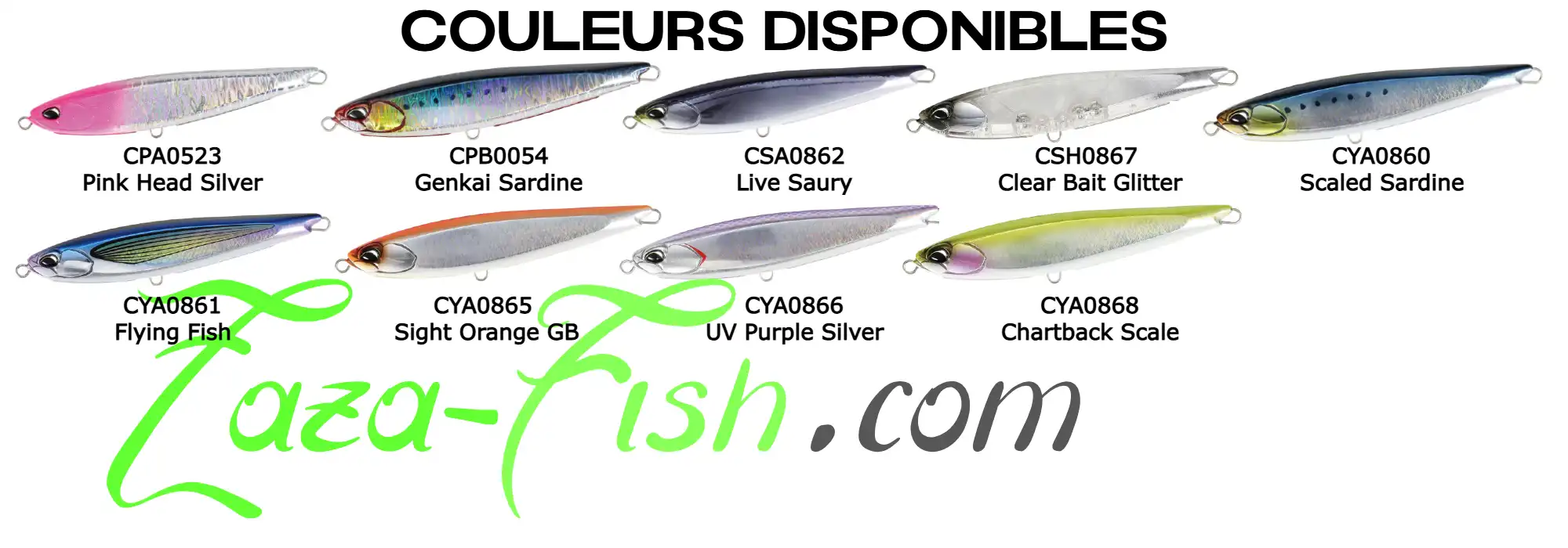 Coloris disponibles du DUO ROUGH TRAIL AOMASA LIGHTNING 190F pour les pêches tropicales et méditerra