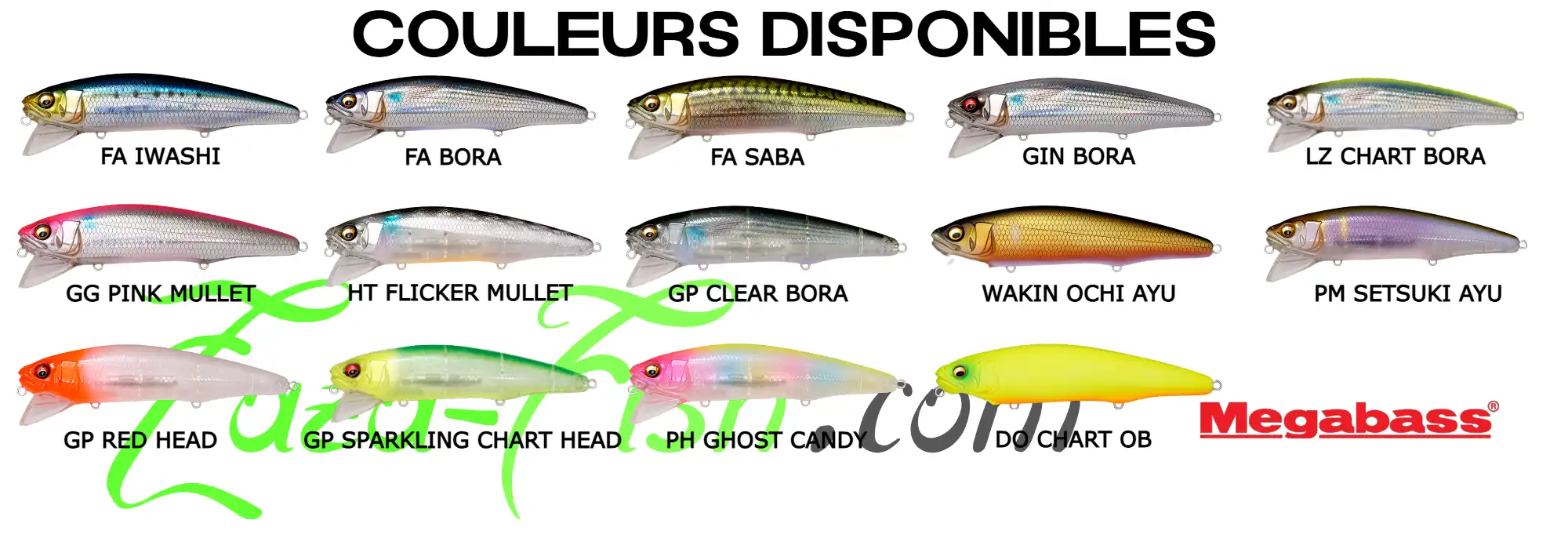 Palette des 14 coloris du Megabass SAZANKA 140F, parfaits pour la pêche du bar, de la liche