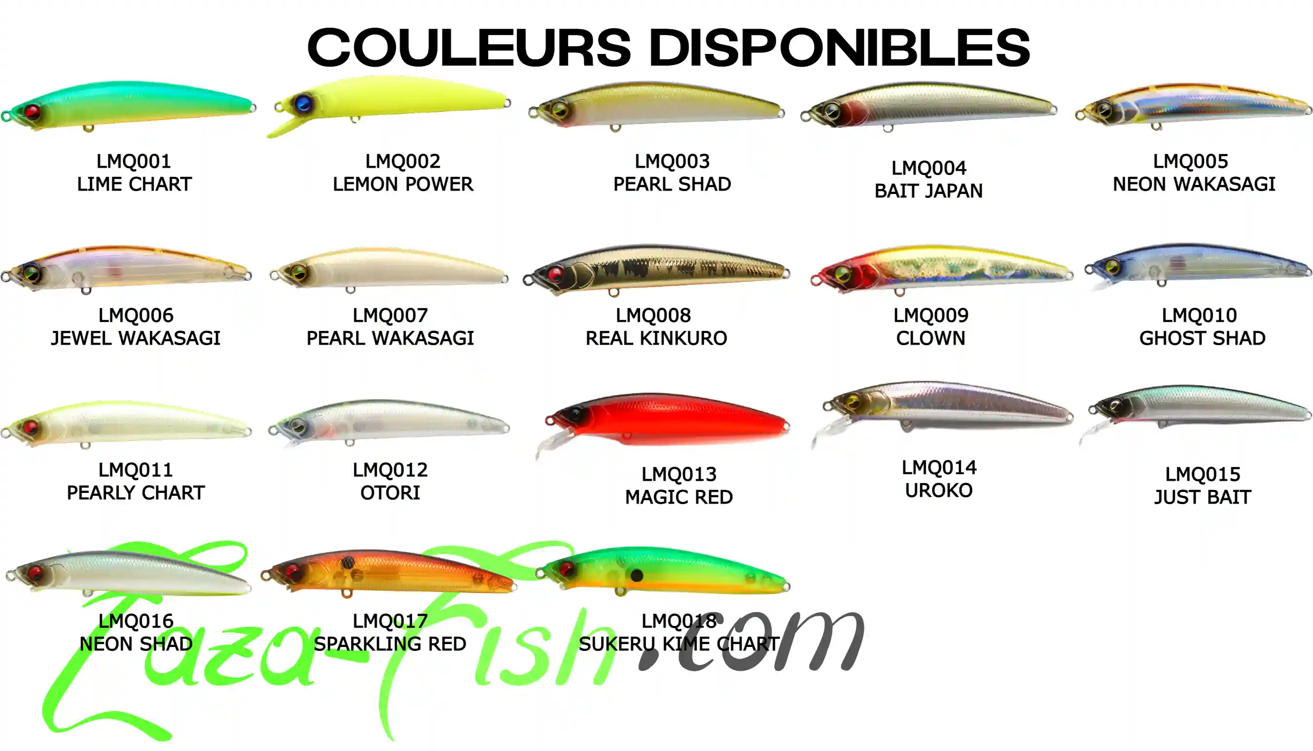 Tableau complet des 18 coloris disponibles pour le RAID JAPAN LEVEL MINNOW Quick 72
