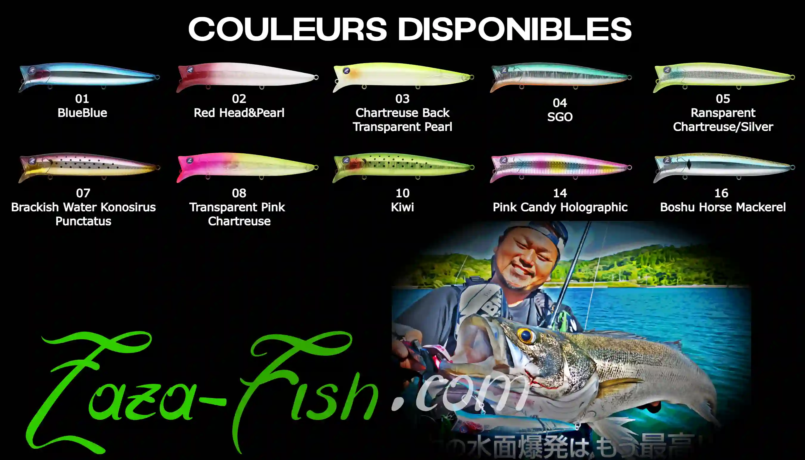 Collection complète des 10 coloris stratégiques disponibles pour le leurre GABOZ 150mm de BlueBlue