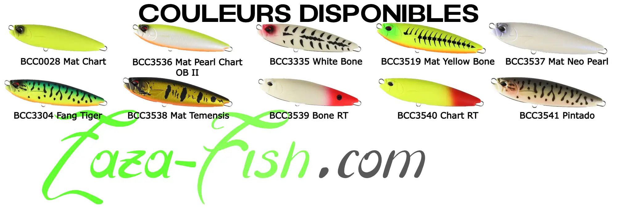 coloris disponibles pour le DUO Realis Fangripper 110, y compris Bone RT, Mat Pearl Chart OB II