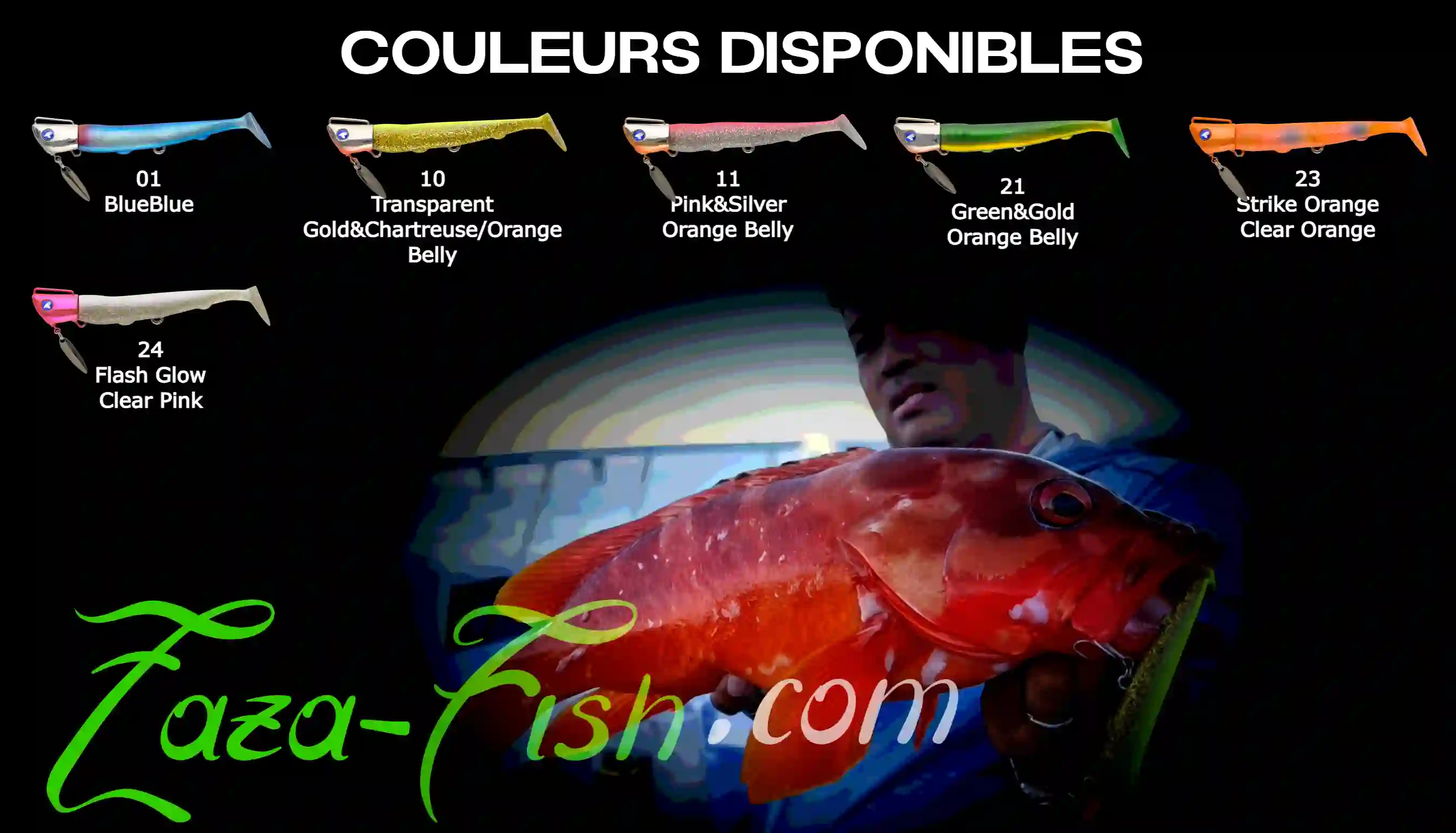 Collection des 7 coloris disponibles pour le JOLTY55, adaptés aux différentes conditions de pêche