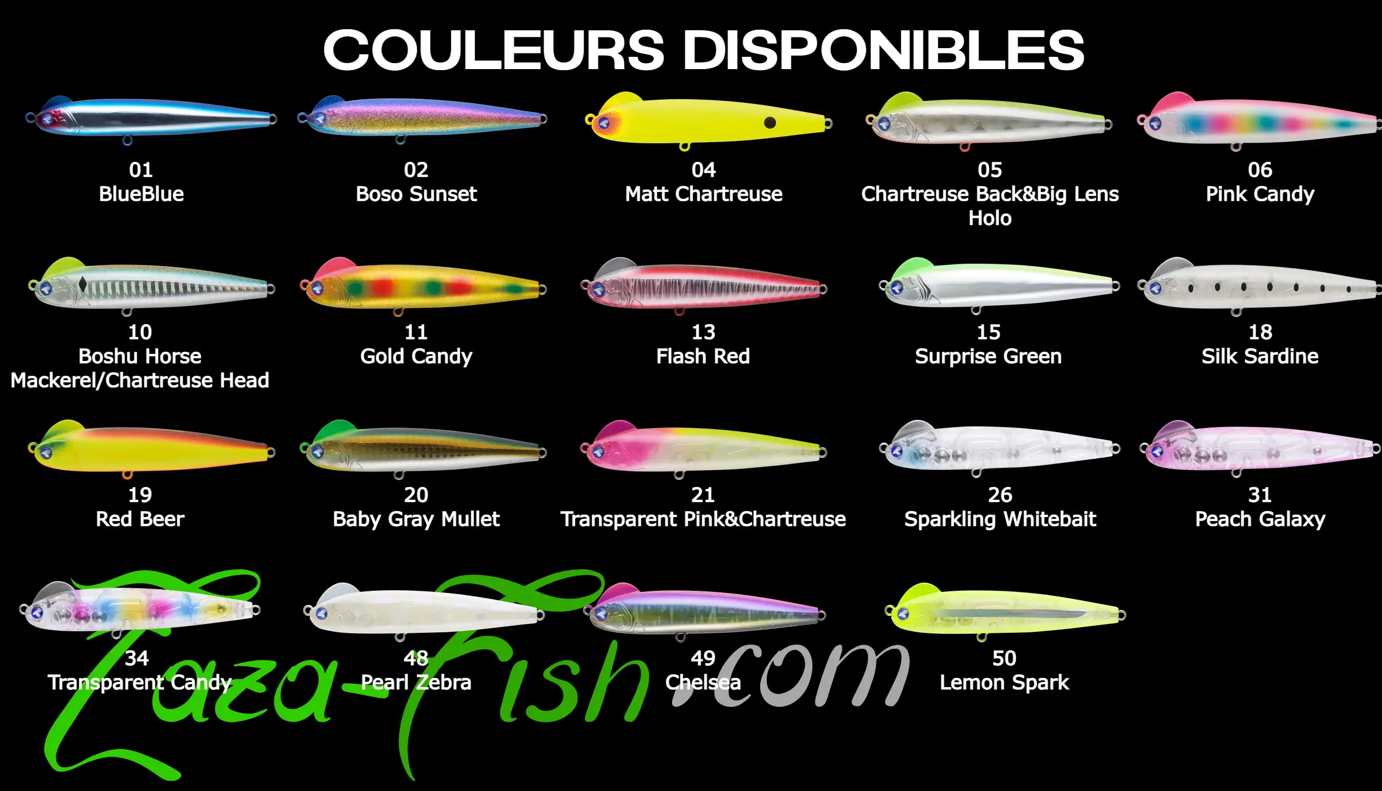 Gamme complète des 19 coloris du SNECON 90S de BLUEBLUE FISHING