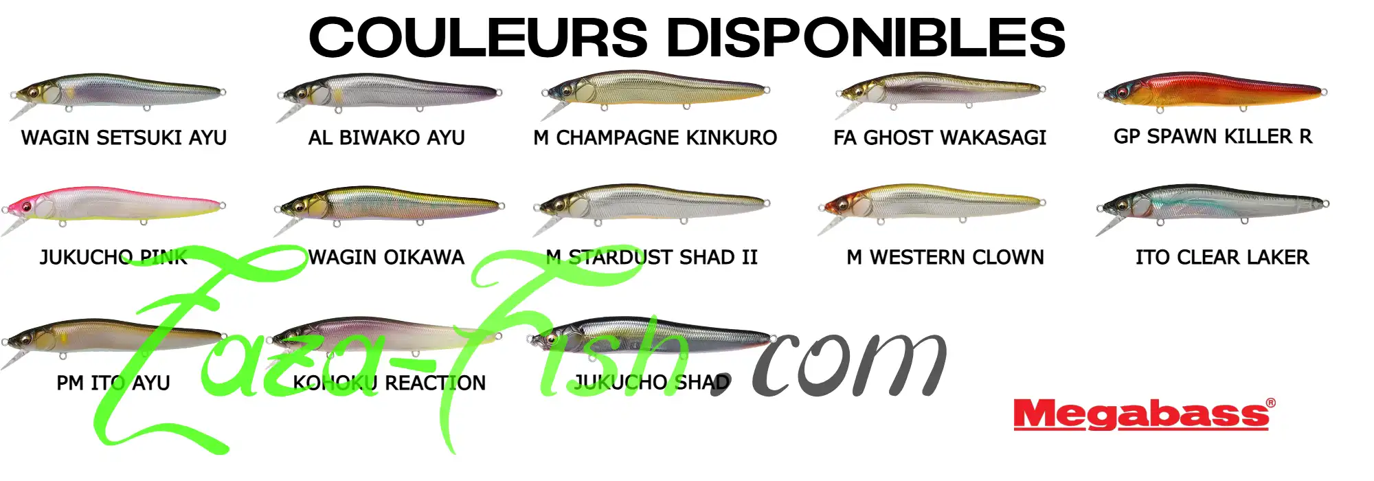 Palette des coloris du Megabass Vision Oneten R+1, avec des nuances adaptées aux carnassiers.