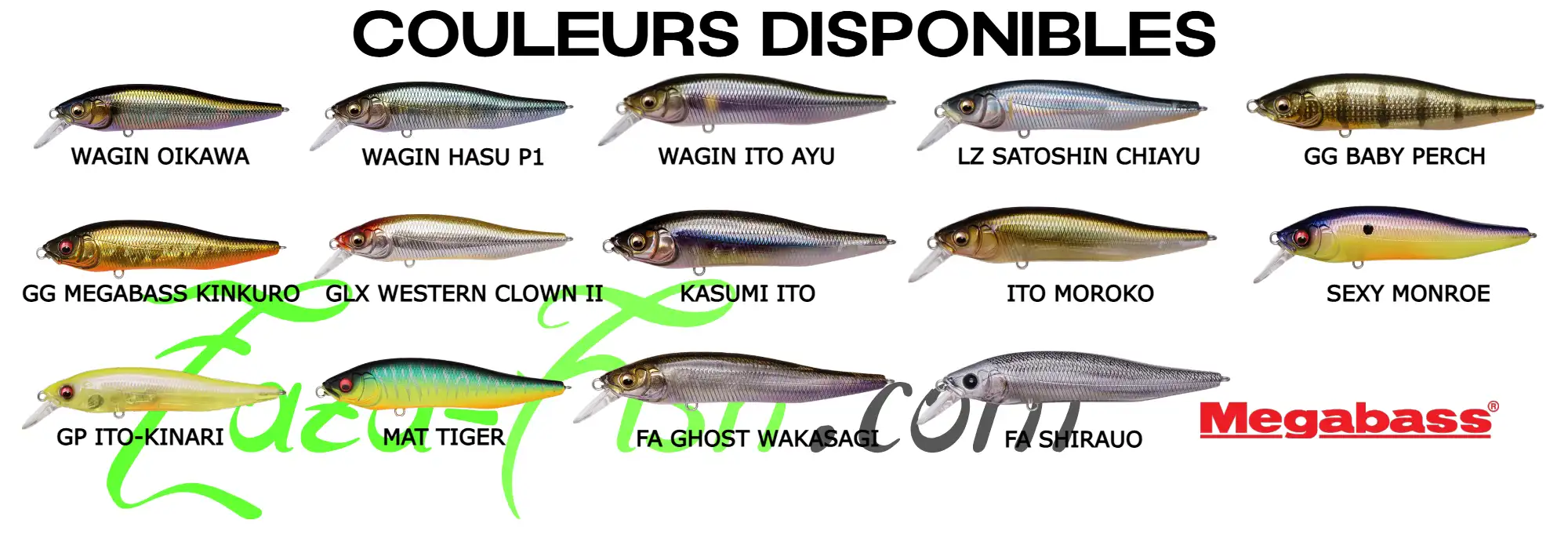 Sélection des coloris du Megabass X-NANAHAN SLOW FLOATING adaptés à la pêche en eau douce